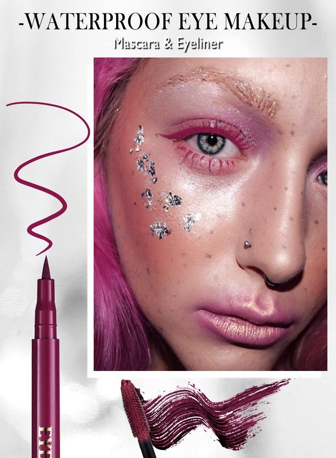 Lestpola Burgundy Waterproof Mascara & Eyeliner, 5D Silk Fiber Lash Extension Colored Tube Mascara Volume and Length,Long-Lasting Smudge-Proof Volumizing Colorful Máscara & Liquid Eyeliner Pen Set for Women - Image 2